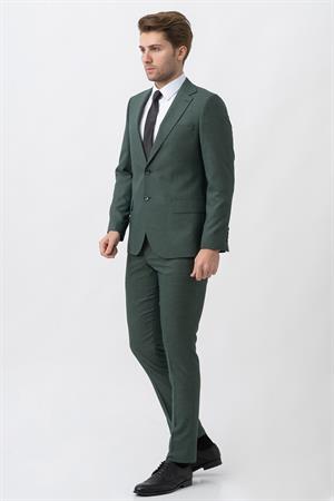 Yeşil Slim Fit Efektli Kumaşlı Kapaklı Cepli Premium Takım Elbise