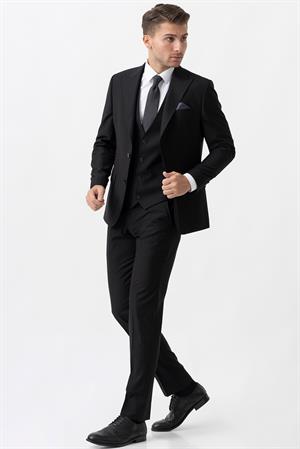 Siyah Slim Fit Kalıp Yelekli Esnek Likralı Kapaklı Cepli Takım Elbise