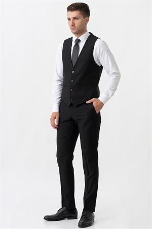 Siyah Slim Fit Kalıp Yelekli Esnek Likralı Kapaklı Cepli Takım Elbise