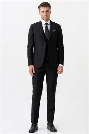 Siyah Slim Fit Kalıp Yelekli Esnek Likralı Kapaklı Cepli Takım Elbise