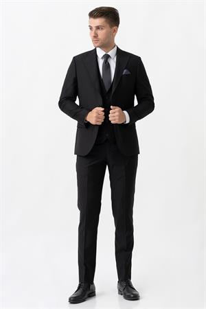Siyah Slim Fit Kalıp Yelekli Esnek Likralı Kapaklı Cepli Takım Elbise