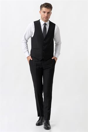 Siyah Slim Fit Kalıp Yelekli Esnek Likralı Kapaklı Cepli Takım Elbise