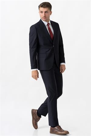 Lacivert Slim Fit Kalıp Yelekli Klasik Esnek Likralı Kapaklı Cepli Takım Elbise