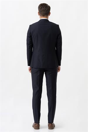 Lacivert Slim Fit Kalıp Yelekli Klasik Esnek Likralı Kapaklı Cepli Takım Elbise