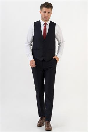 Lacivert Slim Fit Kalıp Yelekli Klasik Esnek Likralı Kapaklı Cepli Takım Elbise