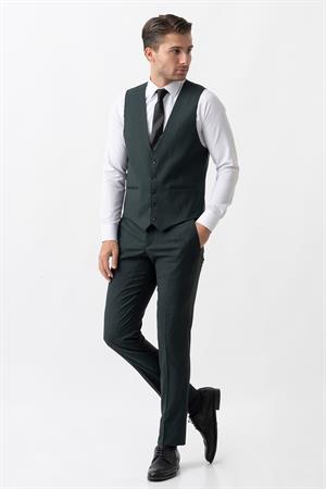 Yeşil Regular Fit Yelekli Rahat Kalıp Kapaklı Cepli Premium Takım Elbise