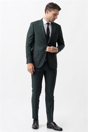 Yeşil Regular Fit Yelekli Rahat Kalıp Kapaklı Cepli Premium Takım Elbise