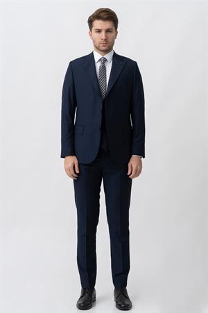 Lacivert Slim Fit Yelekli Kapaklı Cepli Premium Takım Elbise
