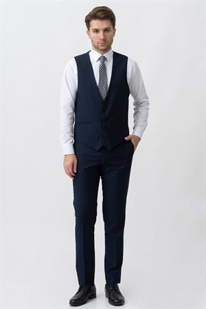 Lacivert Slim Fit Yelekli Kapaklı Cepli Premium Takım Elbise