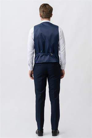 Lacivert Slim Fit Yelekli Kapaklı Cepli Premium Takım Elbise