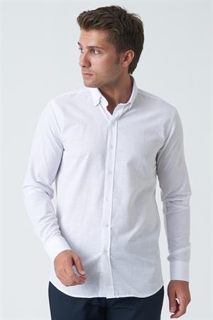 White Stone Bangor G2008 Slim Fit Flam Keten Pamuklu Gömlek Beyaz