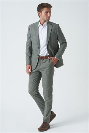 Yeşil Slim Fit Keten Kumaşlı Likralı Takım Elbise