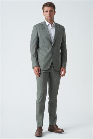 Yeşil Slim Fit Keten Kumaşlı Likralı Takım Elbise