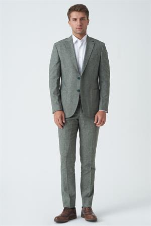 Yeşil Slim Fit Keten Kumaşlı Likralı Takım Elbise