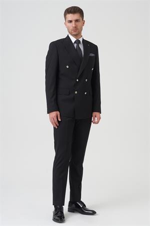 Siyah Slim Fit Kalıp Kruvaze Kapaklı Cepli Klasik Premium Takım Elbise
