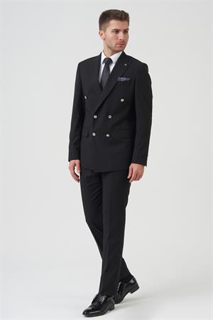 Siyah Slim Fit Kalıp Kruvaze Kapaklı Cepli Klasik Premium Takım Elbise