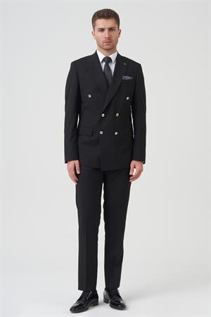 Siyah Slim Fit Kalıp Kruvaze Kapaklı Cepli Klasik Premium Takım Elbise