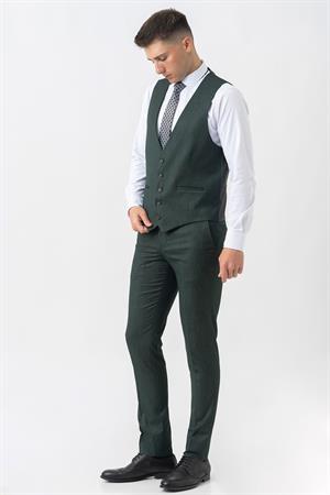 Yeşil Slim Fit Kalıp Yelekli Efektli Kumaş Kapaklı Çift Cep Detaylı Premium Takım Elbise