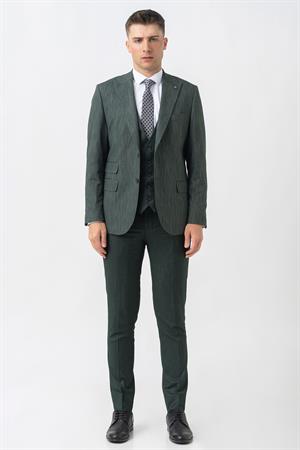 Yeşil Slim Fit Kalıp Yelekli Efektli Kumaş Kapaklı Çift Cep Detaylı Premium Takım Elbise