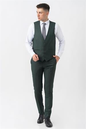 Yeşil Slim Fit Kalıp Yelekli Efektli Kumaş Kapaklı Çift Cep Detaylı Premium Takım Elbise