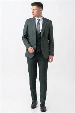 Yeşil Slim Fit Kalıp Yelekli Efektli Kumaş Kapaklı Çift Cep Detaylı Premium Takım Elbise