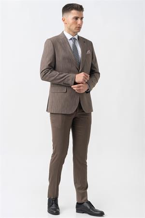 Kahverengi Slim Fit Kalıp Yelekli Efektli Kumaş Kapaklı Çift Cep Detaylı Premium Takım Elbise