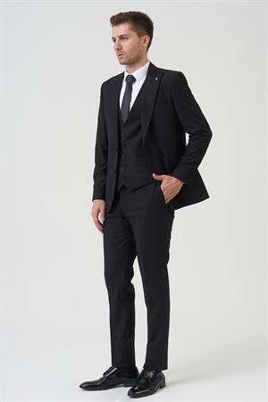 Siyah Slim Fit Kalıp Kapaklı Cepli Premium Takım Elbise
