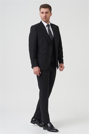 Siyah Slim Fit Kalıp Kapaklı Cepli Premium Takım Elbise
