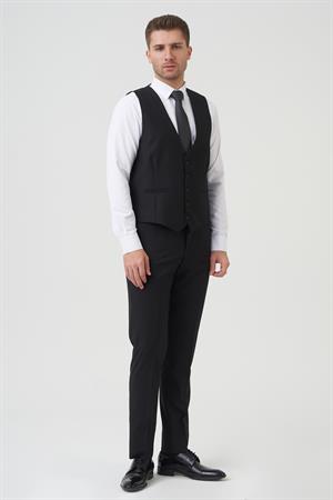 Siyah Slim Fit Kalıp Kapaklı Cepli Premium Takım Elbise