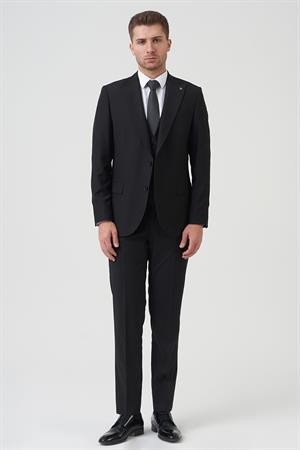 Siyah Slim Fit Kalıp Kapaklı Cepli Premium Takım Elbise
