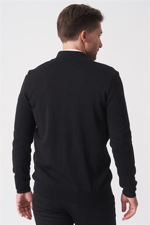 Siyah Slim Fit Dik Yaka Tam Fermuarlı Premium Triko Hırka