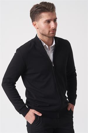Siyah Slim Fit Dik Yaka Tam Fermuarlı Premium Triko Hırka