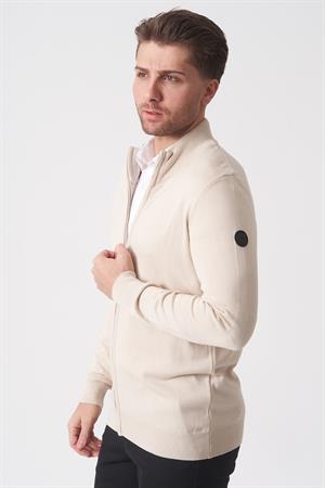 Bej Slim Fit Dik Yaka Tam Fermuarlı Premium Triko Hırka
