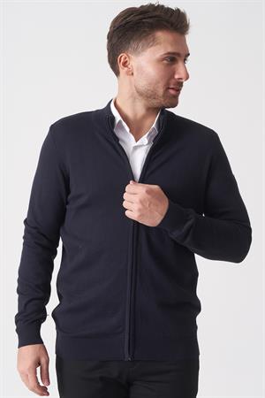 Lacivert Slim Fit Dik Yaka Tam Fermuarlı Premium Triko Hırka