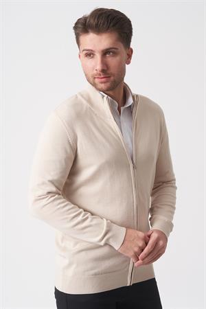 Bej Slim Fit Dik Yaka Tam Fermuarlı Premium Triko Hırka