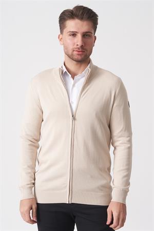 Bej Slim Fit Dik Yaka Tam Fermuarlı Premium Triko Hırka