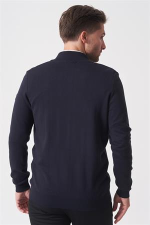 Lacivert Slim Fit Dik Yaka Tam Fermuarlı Premium Triko Hırka