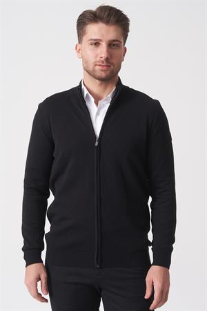 Siyah Slim Fit Dik Yaka Tam Fermuarlı Premium Triko Hırka