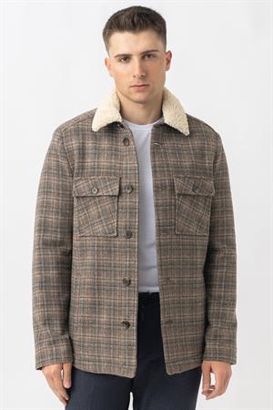 Haki Kürk Yakalı Düğme Kapamalı Ekose Desenli Kaban