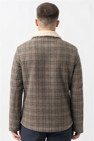 Haki Kürk Yakalı Düğme Kapamalı Ekose Desenli Kaban