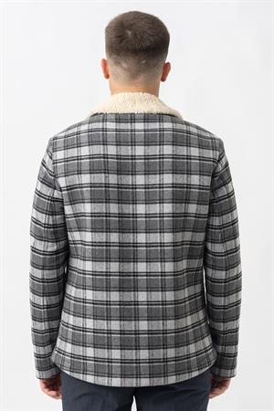 Antrasit Kürk Yakalı Düğme Kapamalı Ekose Desenli Kaban