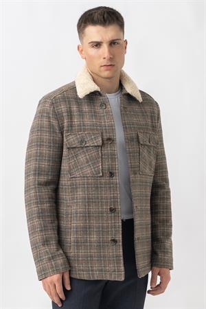 Haki Kürk Yakalı Düğme Kapamalı Ekose Desenli Kaban