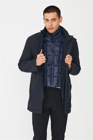 Lacivert Kapitone İç Yelekli Şişme Detaylı Mont