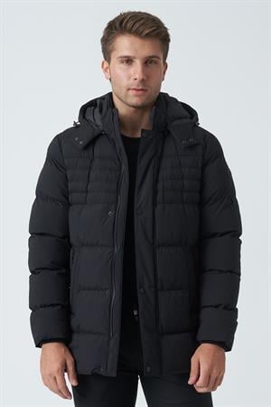 Siyah Çıkarılabilir Kapüşonlu Fermuar Cepli Şişme Mont