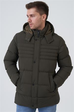 Haki Çıkarılabilir Kapüşonlu Fermuar Cepli Şişme Mont