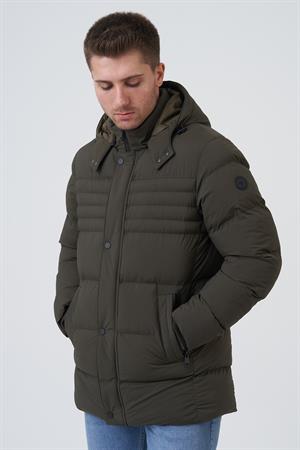 Haki Çıkarılabilir Kapüşonlu Fermuar Cepli Şişme Mont