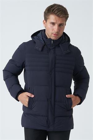 Lacivert Çıkarılabilir Kapüşonlu Fermuar Cepli Şişme Mont