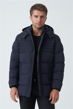 Lacivert Çıkarılabilir Kapüşonlu Fermuar Cepli Şişme Mont