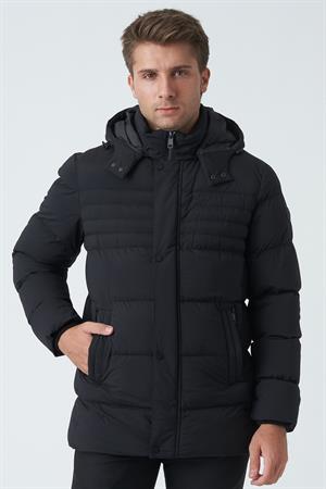 Siyah Çıkarılabilir Kapüşonlu Fermuar Cepli Şişme Mont