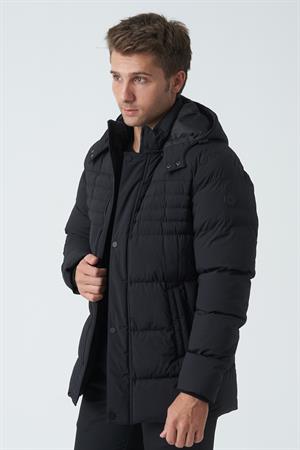 Siyah Çıkarılabilir Kapüşonlu Fermuar Cepli Şişme Mont